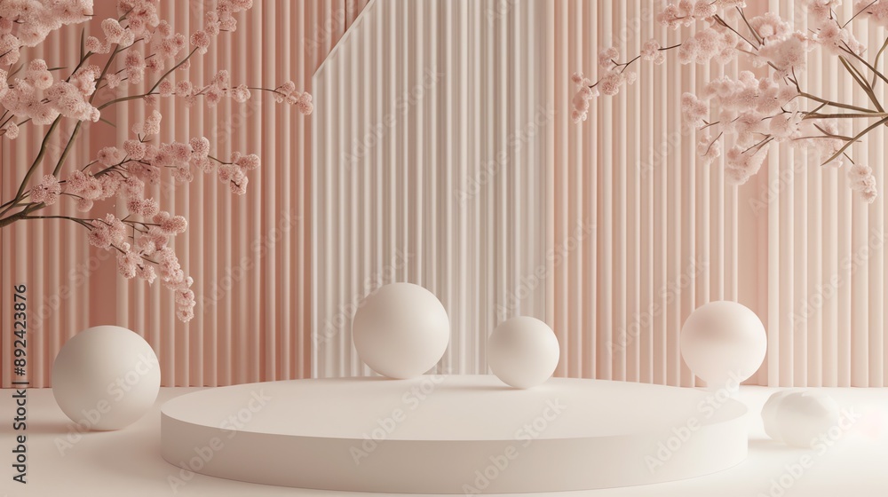 Poster 3d rendering of a product display platform with a pink and white color scheme.