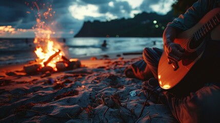 Playing a guitar on a beach around a bonfire at night
