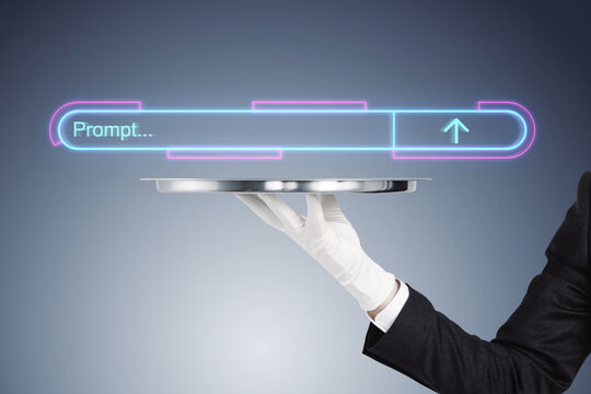 A person in formal attire holds a tray with neon-glowing prompt design on a gray background, concept of service and technology