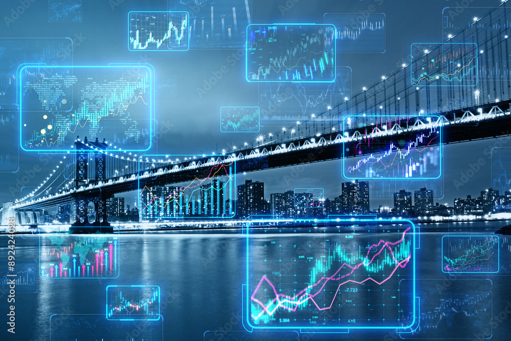 Poster a double exposure image combining a cityscape with bridge and stock market graphs overlay, illustrat