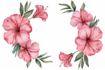 Obraz premium Watercolor illustration of pink hibiscus flowers with green leaves arranged in an elegant pattern on a white background.