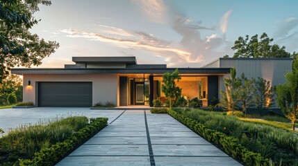 Front view of a sleek suburban home with a minimalist design, featuring a hidden driveway and...