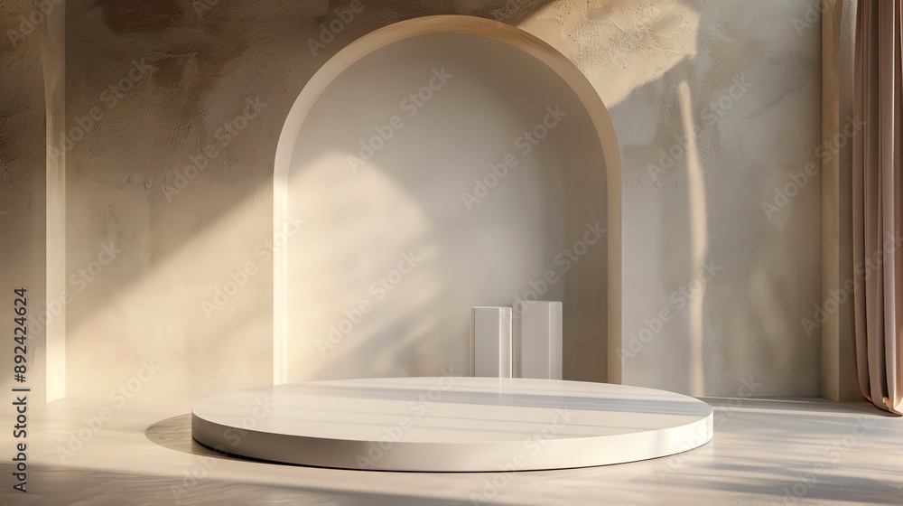 Poster 3d rendering of a simple and elegant room with a podium in the center.