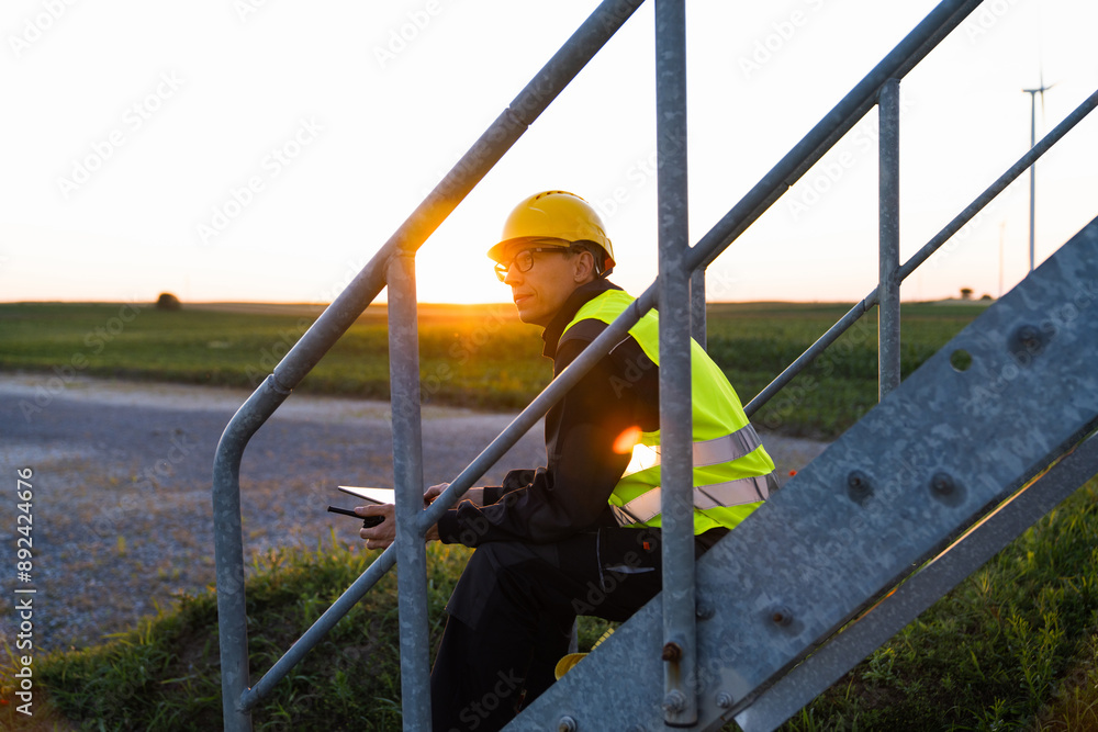Aufkleber engineer with digital tablet controls wind turbines