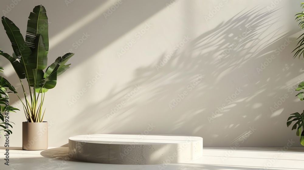 Poster 3d rendering of a concrete podium with a banana tree next to it. there is sunlight shining through t