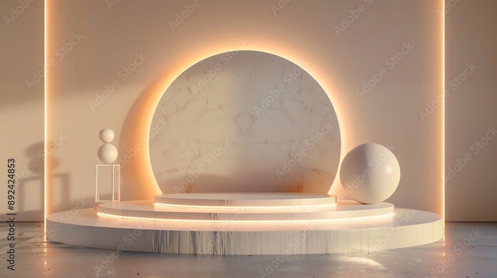 Poster 3d rendering of a product display platform with a glowing circular backdrop. the platform is made of