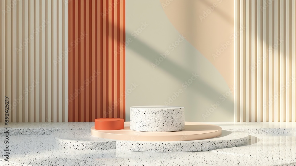 Poster 3d rendering of a product display platform with a podium and a terrazzo floor. the podium is made of