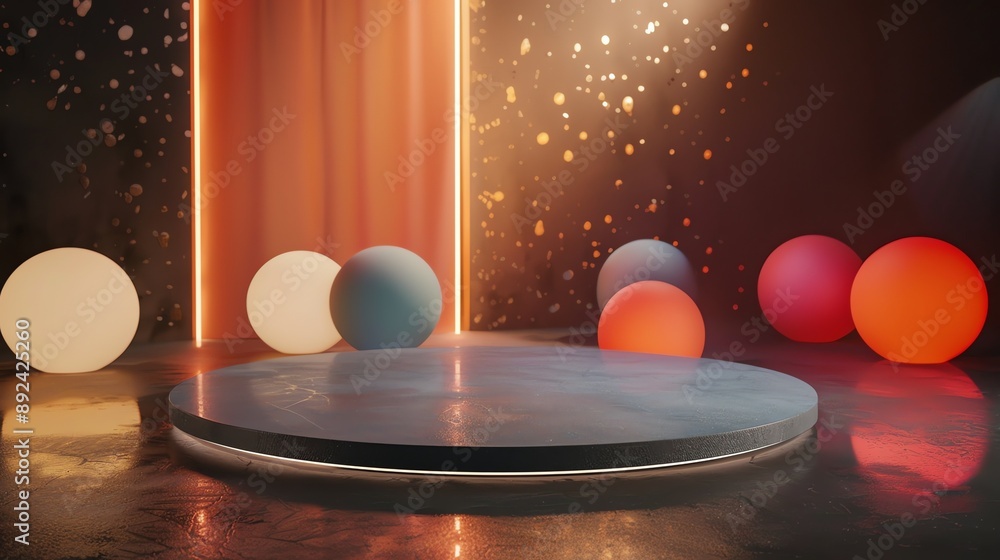 Poster 3d rendering of a stage with a podium and colorful balls. the podium is made of glossy gray marble a