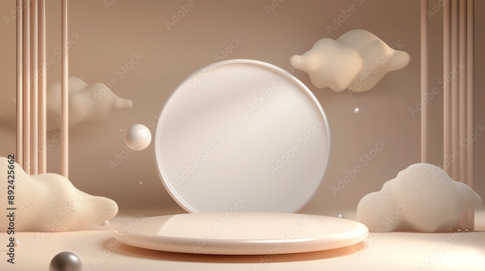 Poster 3d rendering of a podium with a large circle in the background and clouds floating around.