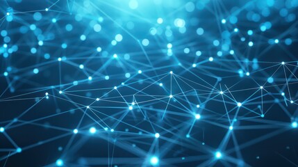 Fototapeta premium Luminous dots connected by thin, glowing lines over a deep blue gradient, creating an expansive network with ample copy space