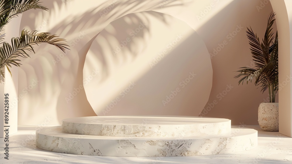 Poster 3d rendering of a product display platform with a circular backdrop. the platform is made of marble 