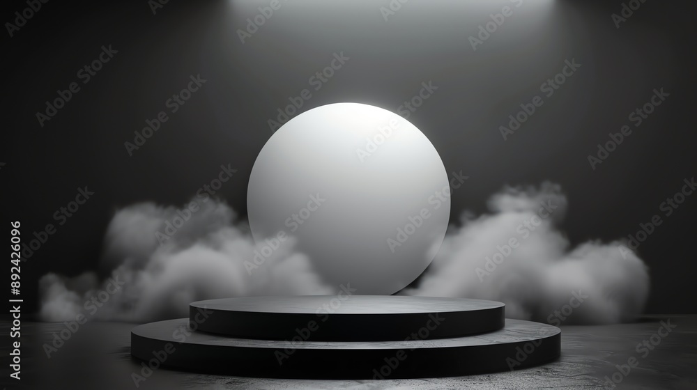 Poster 3d rendering of a dark and mysterious stage with a spotlight shining down on an empty pedestal.