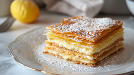Freshly baked mille-feuille with perfect layers of pastry cream