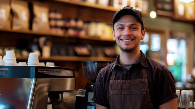a friendly barista in uniform, standing with a welcoming smile.