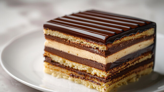Freshly baked opera cake with visible layers