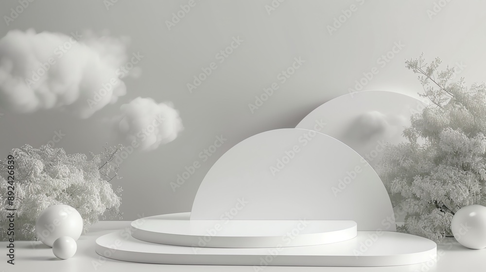 Poster this is a 3d rendering of a simple and elegant product display stage. the stage is made of white and