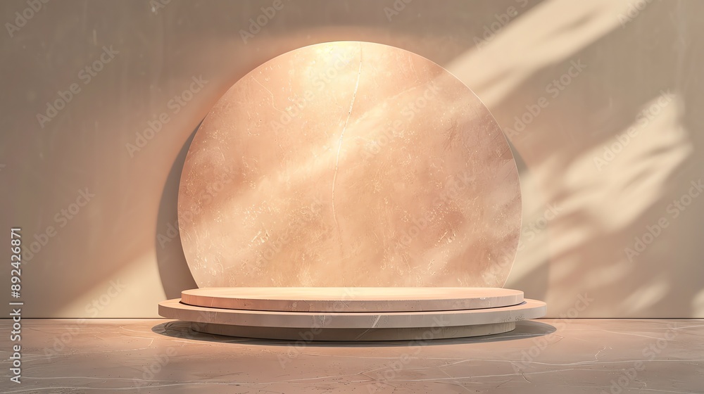 Poster 3d rendering of a beige marble podium with a round backdrop. the podium is lit by a soft light, and 