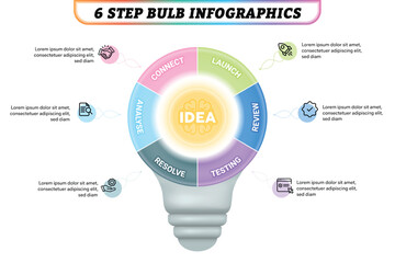 Light Bulb Infographic Template with 6 Options, Steps, Parts, Segments. Business Concept. Marketing Infographic Vector Illustration.