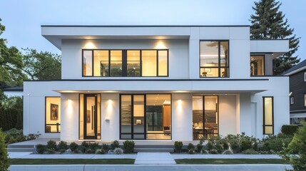 Fototapeta premium Luxurious minimalist suburban home with a white facade, large windows, and a discrete front porch