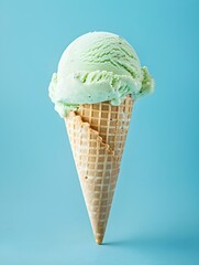 Light Green Ice Cream Cone on a blue Background