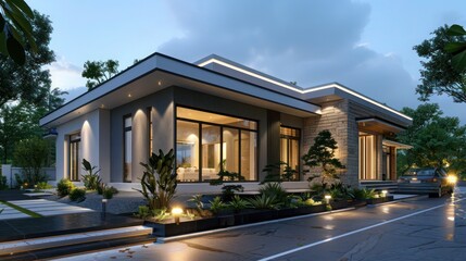 Fototapeta premium Luxurious minimalist suburban home with a flat, clean facade, surrounded by low-maintenance landscaping