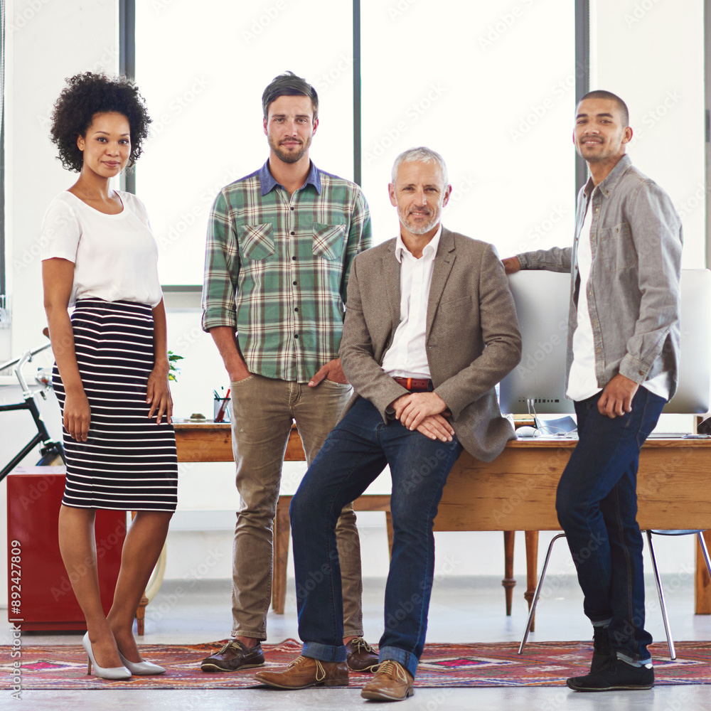 Poster team, office and people for startup in portrait with diversity, pride for web design company or job.