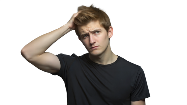 Young Man Scratching His Head With Confused Expression While Wearing A Black T-Shirt