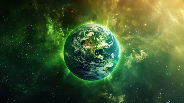 A vibrant depiction of Earth as seen from space, surrounded by a lush green lights.