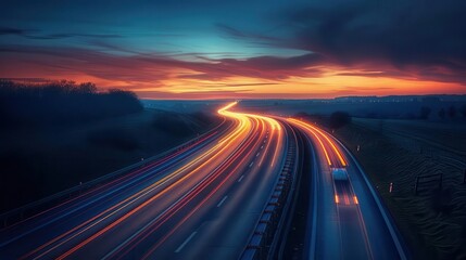 Aerial view of a highway with light trails at sunset. . Wall art, leaflet, and poster design, website, and media decor. Commercial use, 300 dpi. 