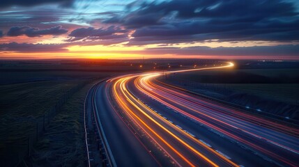 Naklejka premium A long stretch of highway at dusk with streaks of light from passing cars. Wall art, leaflet, and poster design, website, and media decor. Commercial use, 300 dpi. 