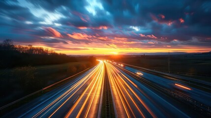 Aerial view of a busy highway interchange at night, illuminated by streetlights and car headlights.  Wall art, leaflet, and poster design, website, and media decor. Commercial use, 300 dpi.