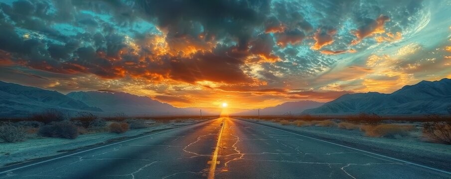 Stunning sunset over a deserted road in a mountain range. Wall art, leaflet, and poster design, website, and media decor. Commercial use, 300 dpi. 