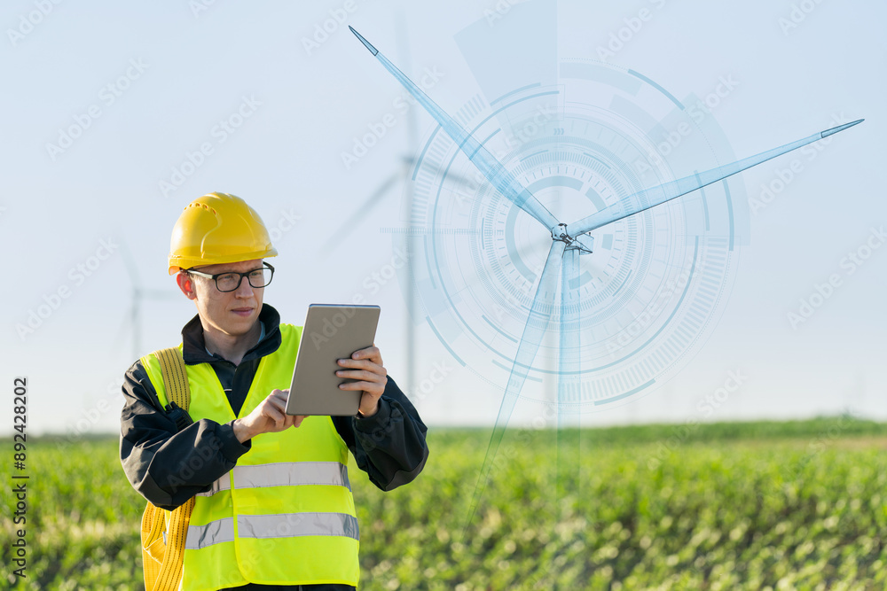 Aufkleber Engineer with digital tablet controls wind turbines