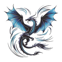 A black dragon with blue wings and tail is drawn in flight