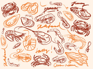 Obraz premium Isolated vector set of seafood. Shrimps, langoustines, prawns, salmon, trout, oysters, mussels, squid, crab, lemon, octopus, rosemary, sea urchin. Сhalk drawing. Chalkboard. 