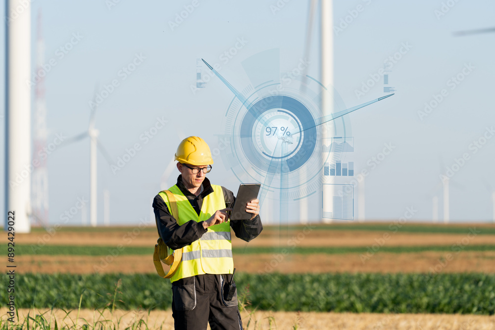 Aufkleber engineer with digital tablet controls wind turbines