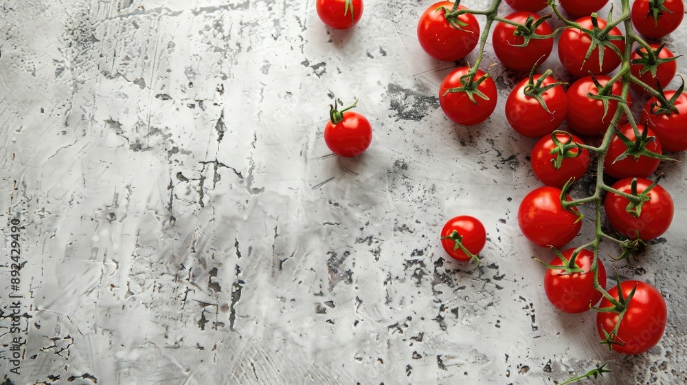 Poster top view of fresh cherry tomatoes on concrete background with empty space