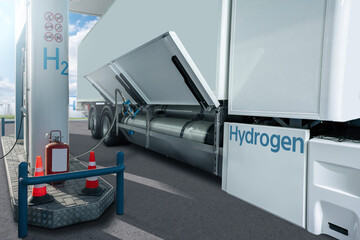 A hydrogen fuel cell semi truck with H2 gas cylinder onboard next to filling station. Eco-friendly commercial vehicle concept.
