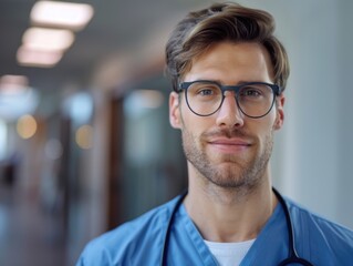 Fototapeta premium A person dressed in a blue medical uniform with glasses, suitable for various healthcare-related images
