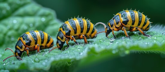 Naklejka premium Three Yellow and Black Beetles on a Dew-Covered Leaf