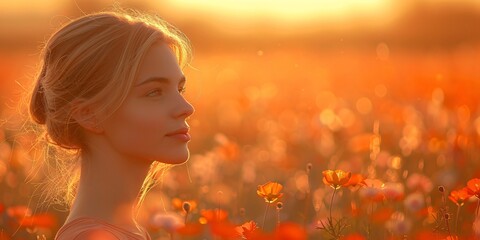 Naklejka premium Woman in a flower field at sunset