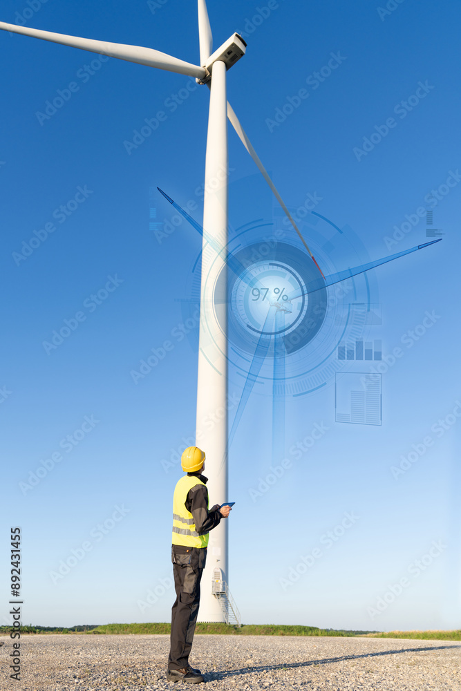 Aufkleber engineer with digital tablet controls wind turbines