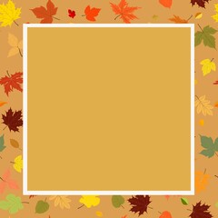 Autumn frame with leaves. Orange yellow background white contour.