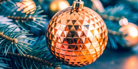 Obraz premium Vibrant Christmas Ornament. A colorful and shiny Christmas ornament hangs amidst vibrant green pine needles, capturing the festive spirit of the holiday season with its intricate patterns.
