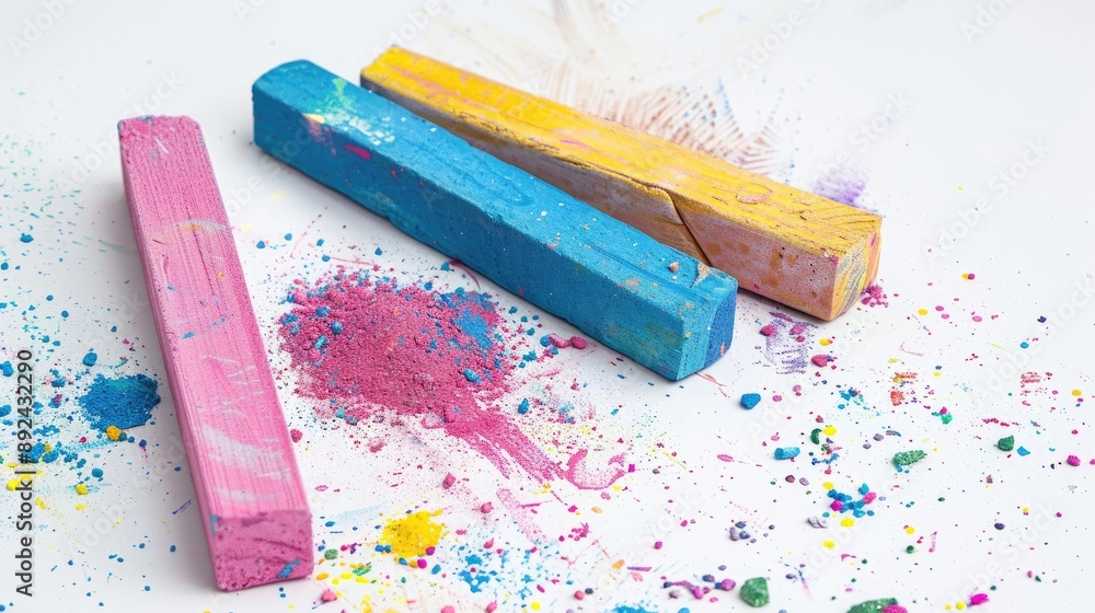Poster multicolored chalks on white background with copy space