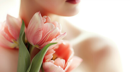 Fototapeta premium Woman posing with pink tulips on blurred white background