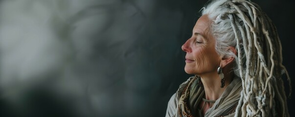 side profile of beautiful elderly woman with grey dreadlocks in earthy colored clothing against grey background. concepts: aging gracefully, mental health, atypical aging, uniqueness, natural aging.