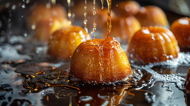 Freshly made baba au rhum being soaked in syrup