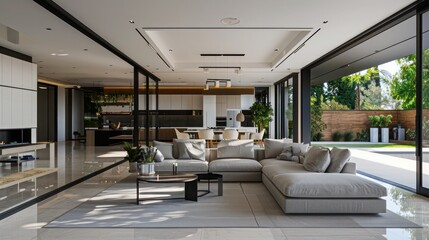 Luxurious minimalist suburban home with an emphasis on open spaces and a seamless integration of indoor and outdoor environments Ensure room for text