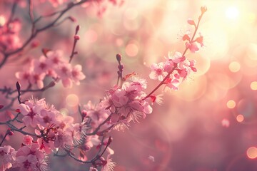 Obraz premium Spring background with pink blossoms on a blooming tree and sun flare
